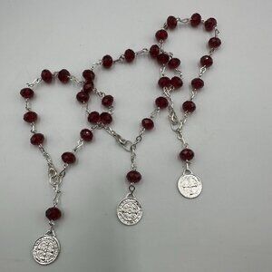 Lot of 3 Rosary Bracelets Silver Tone Red Glass Beads Saint Benedict Charms 7"